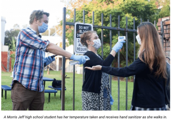 Images of Morris Jeff Community School managing in-person learning during the pandemic (Source: NSNO Blog; Credit: Morris Jeff Community School)