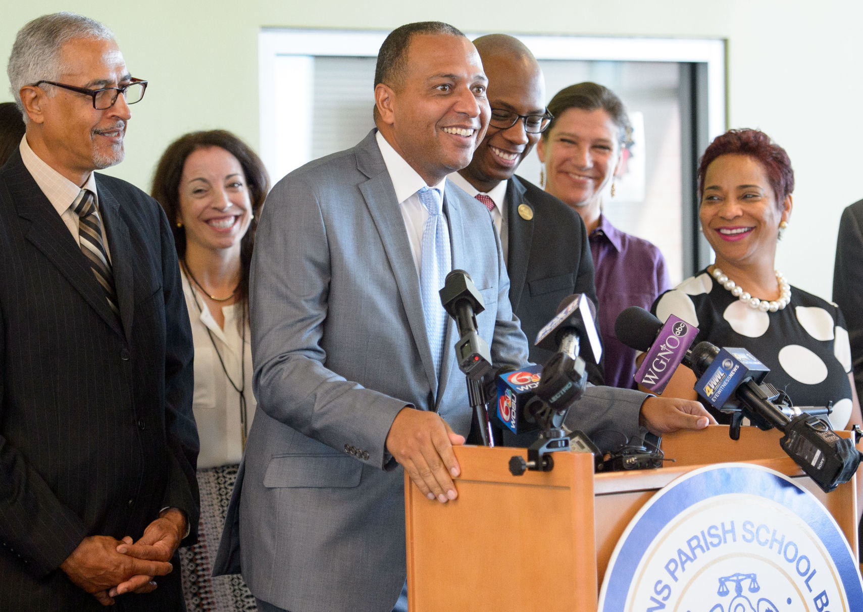 Patrick Dobard, then superintendent of the RSD, announces the unification plan (Source: NOLA.com; Photo Credit: Matthew Hinton)