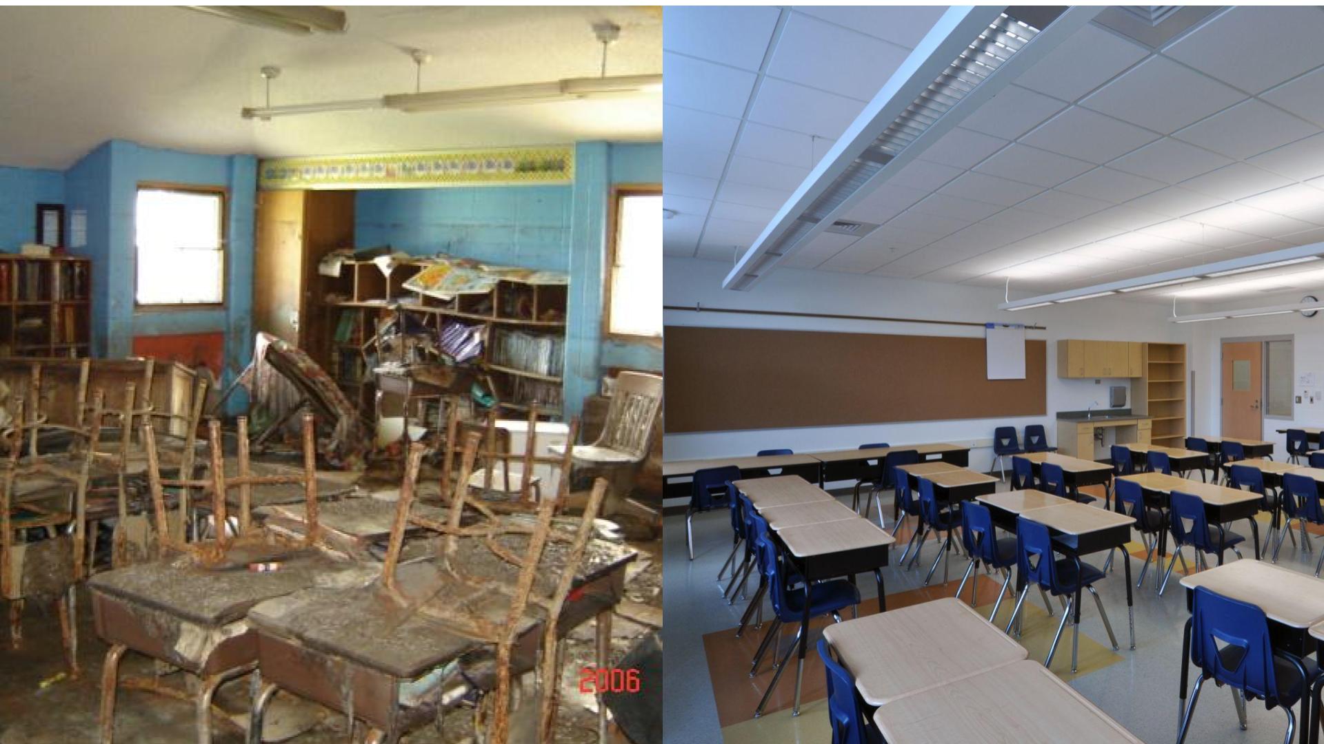 Mildred Osborne Elementary, Before (Source: Recovery School District) and After (Source: Lloyd Dennis)