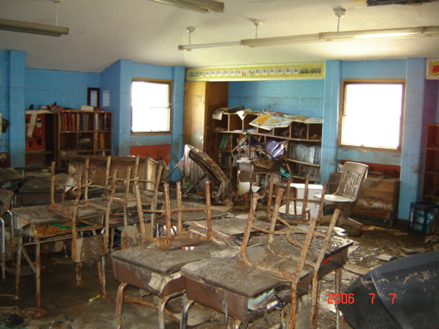 Storm-damaged classroom (Credit: Recovery School District))